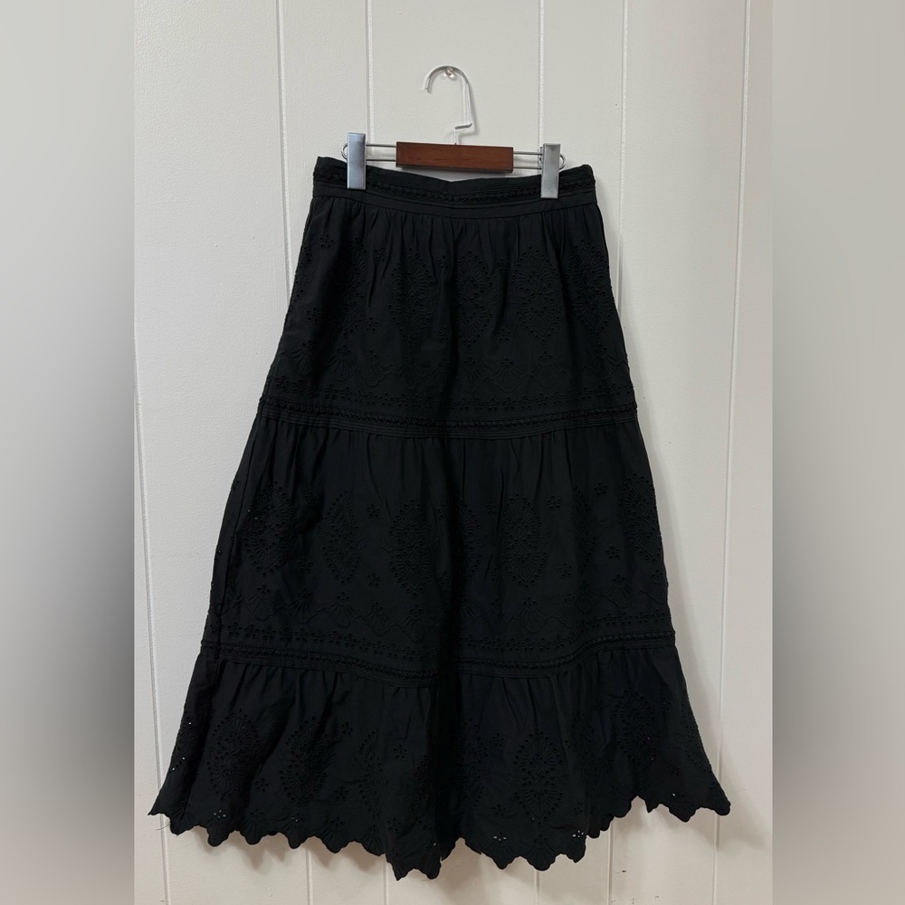 Jason Wu Black Eyelet Midi Skirt Tiered Embroidered Cotton Boho Romantic Size S - Picture 2 of 9